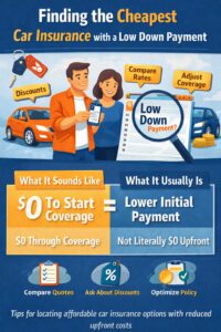 Infographic about cheapest car insurance with a low down payment, showing quote comparison, liability coverage, monthly billing, and balancing upfront cost with total policy cost.