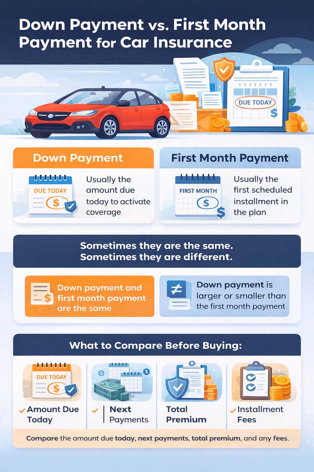 Infographic explaining the difference between a car insurance down payment and a first month payment, including amount due today, installment structure, total premium, and policy effective date.
