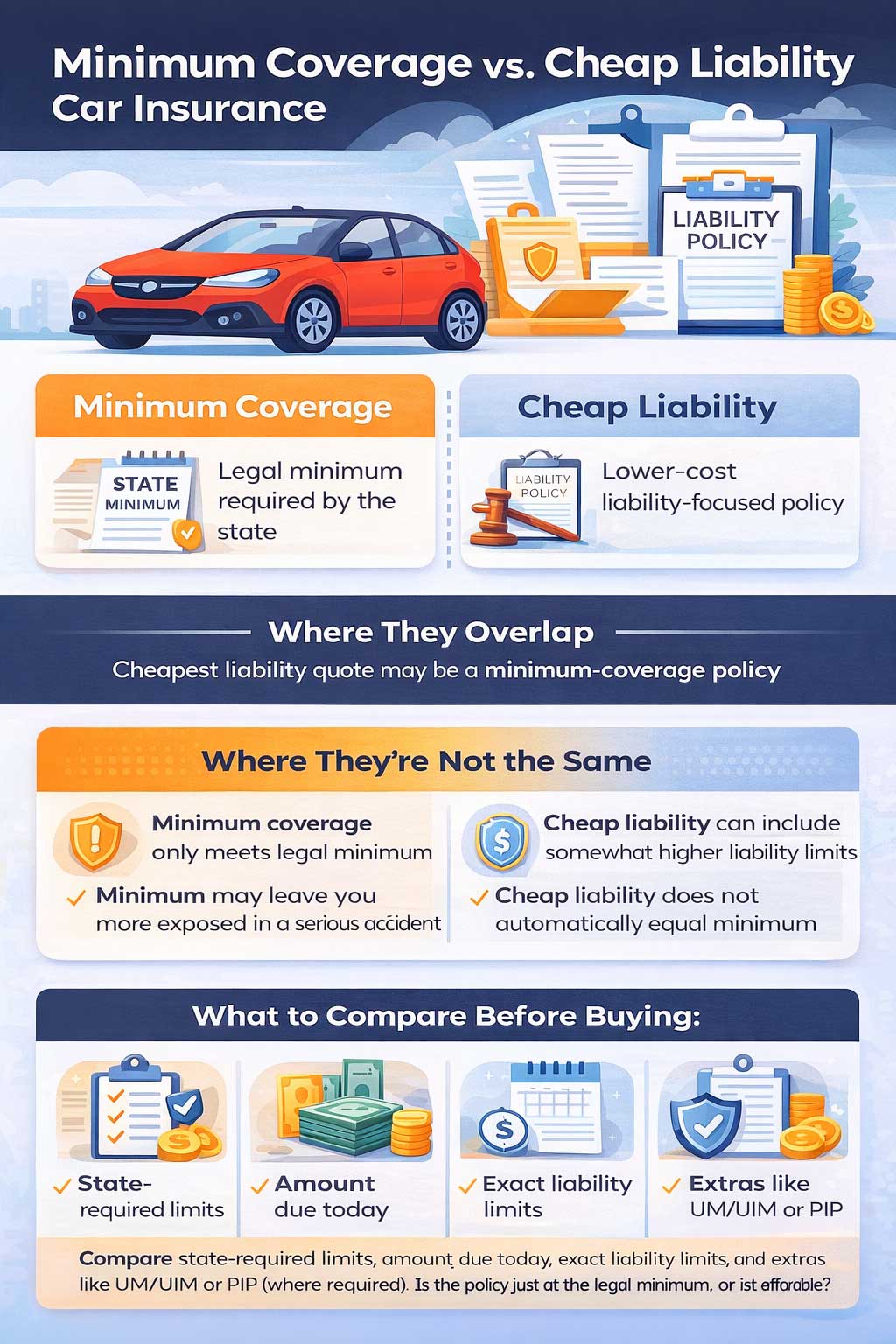 Infographic explaining the difference between minimum coverage and cheap liability car insurance, including legal minimum requirements, liability limits, required state add-ons, and practical risk differences.
