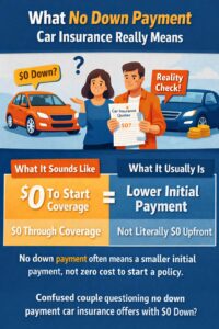 Infographic explaining what no down payment car insurance really means, showing that it usually refers to a lower initial payment rather than true zero upfront coverage.