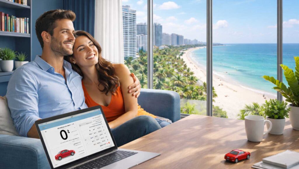 Happy couple at home comparing no down payment car insurance quotes on a laptop