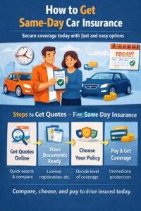Infographic showing how to get same-day car insurance, including fast quote comparison, required documents, policy selection, and quick coverage activation.